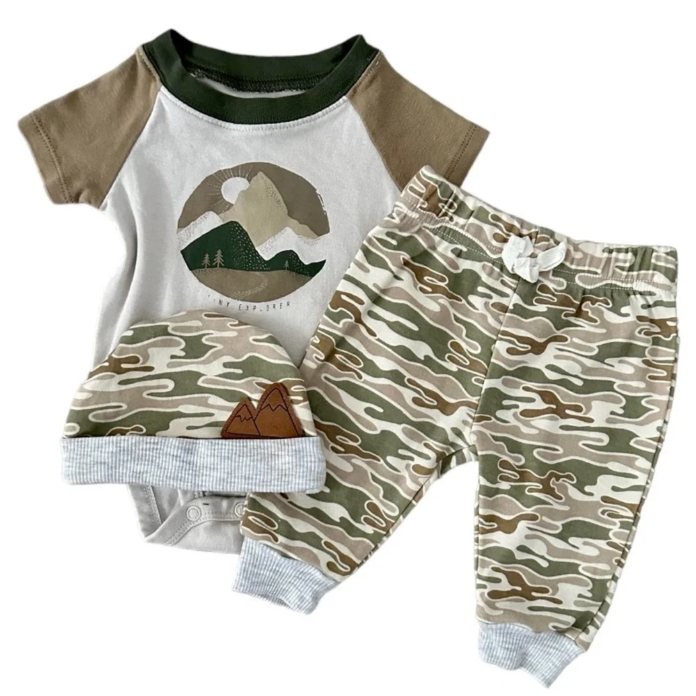 Baby Boy Camo Joggers, Hat & Nature Outdoor Shirt Baby Boy 0-3M
